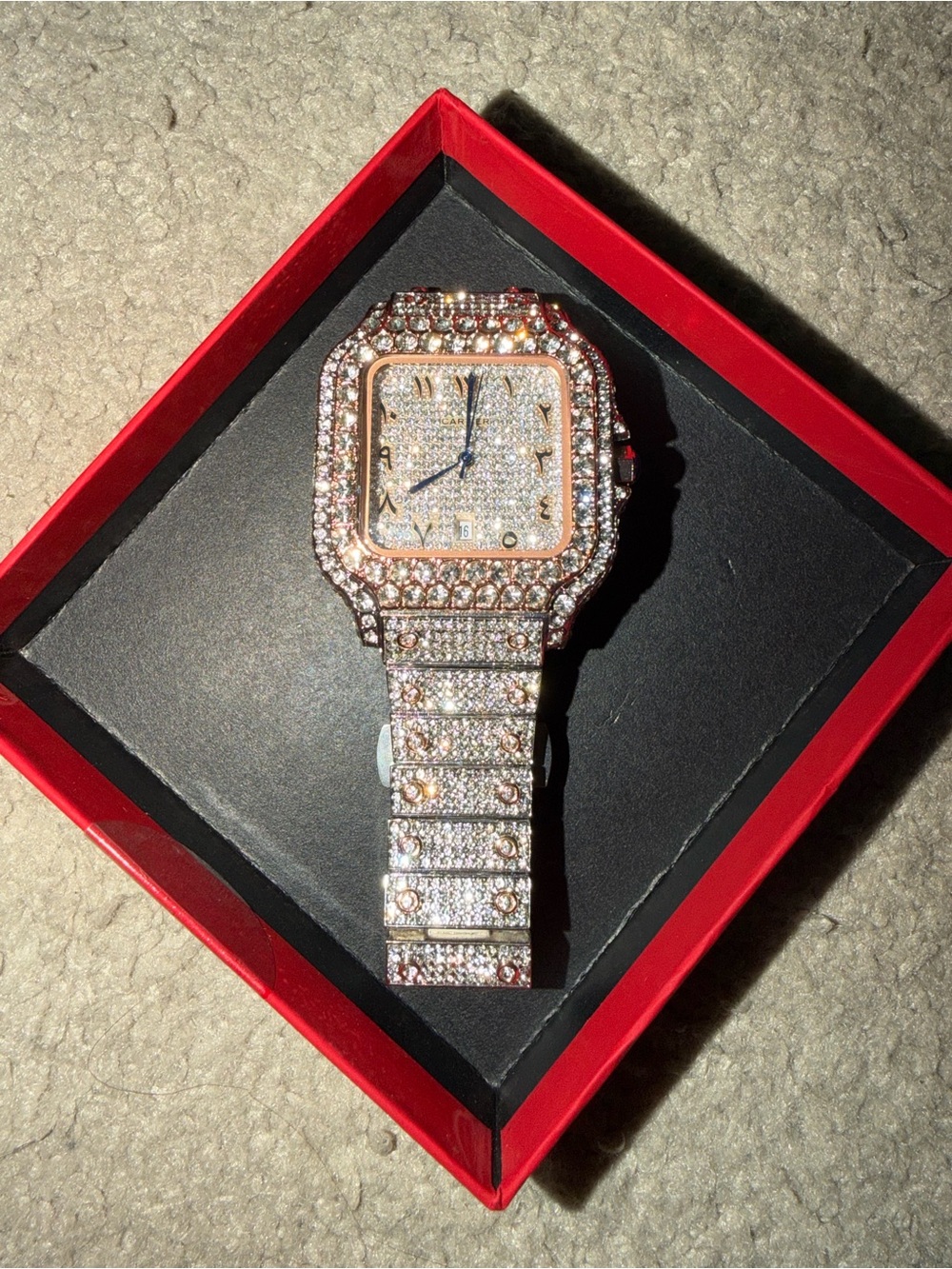 Cartier Elegant Arabic Dial Rose Gold Silver Lab Diamond Iced Out Watch